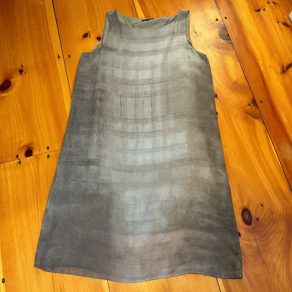 EILEEN FISHER M Cobblestone Bateau Neck Oxidized Print 100% Silk Shift Dress